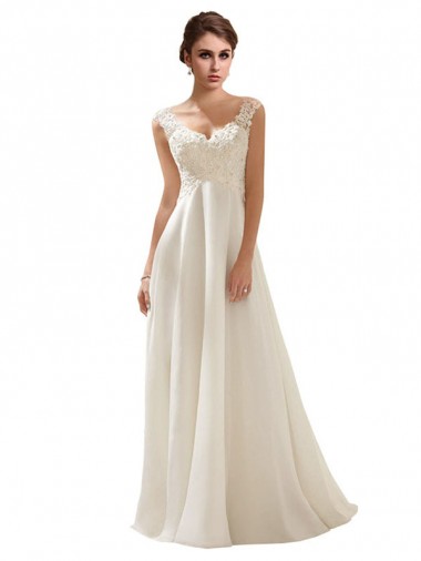 Soft Chiffon & Lace V-Neck Sleeveless Low Back Sweep Train Wedding Dress Essex