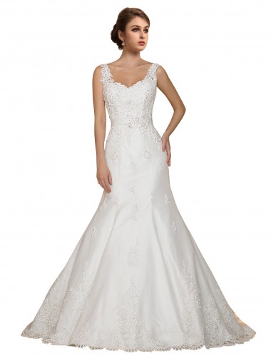 Lace V-Neck Cap Sleeves Chapel Train Wedding Dress Essex
