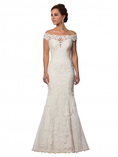 Lace Off the Shoulder Cap Sleeves Ivory Chapel Train Boho Wedding Dress Essex