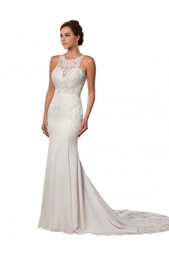 Lace High Neck Sleeveless V-Back Chapel Train Modern Wedding Dress Essex