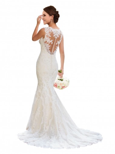 Lace V-Neck Sleeveless White Chapel Train Wedding Dress Essex