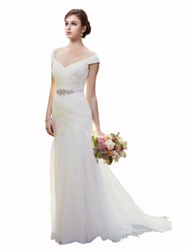 Tulle Off the Shoulder Sleeveless Chapel Train Beach Wedding Dress Essex
