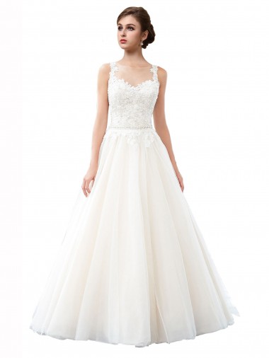 Tulle & Lace Illusion Neck Sleeveless Cathedral Train Beach Wedding Dress Essex