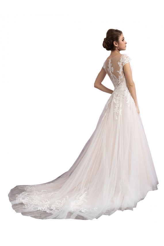 Tulle & Lace Illusion Neck Cap Sleeves Cathedral Train Beach Wedding Dress Essex