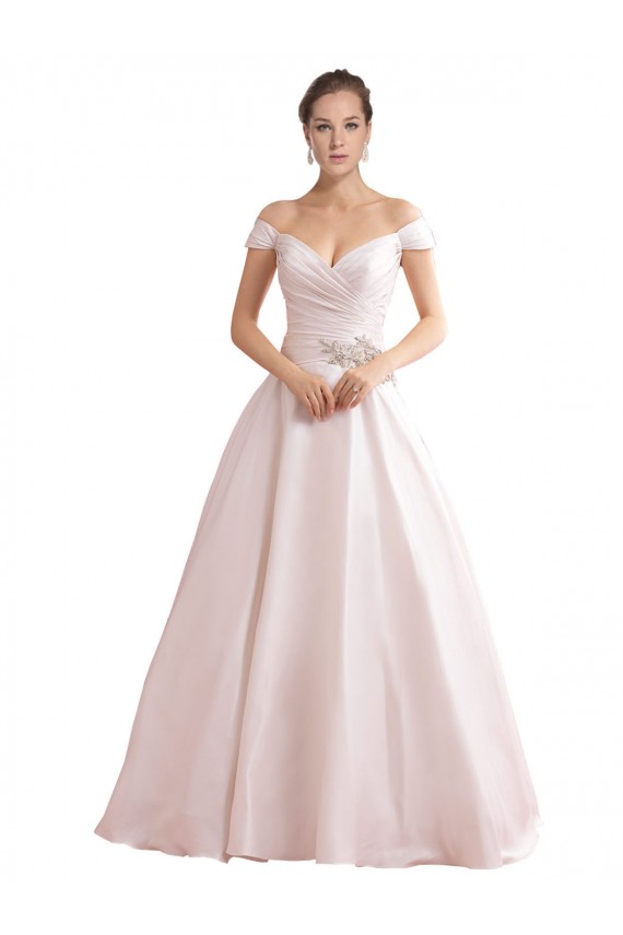 Satin Off the Shoulder Sleeveless V-Back Chapel Train Wedding Dresses Essex