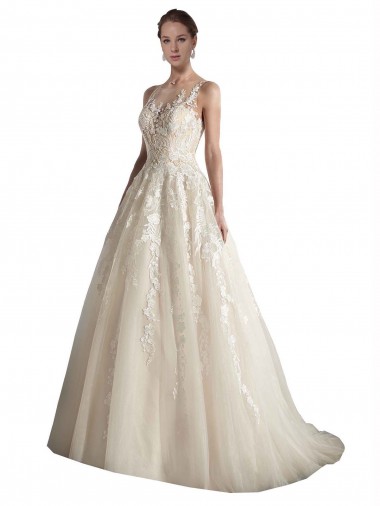Tulle Illusion Neck Sleeveless Ivory & Champagne Chapel Train Wedding Dress Essex