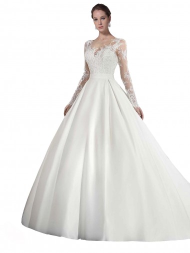 Satin & Lace Illusion Neck Long Sleeves Cathedral Train Wedding Dress Essex