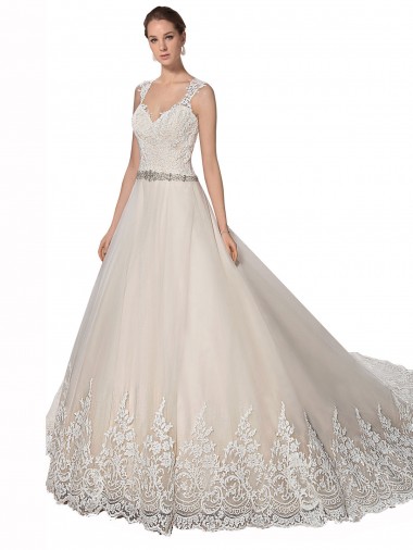 Tulle & Lace Sweetheart Sleeveless Ivory & Champagne Chapel Train Wedding Dress Essex