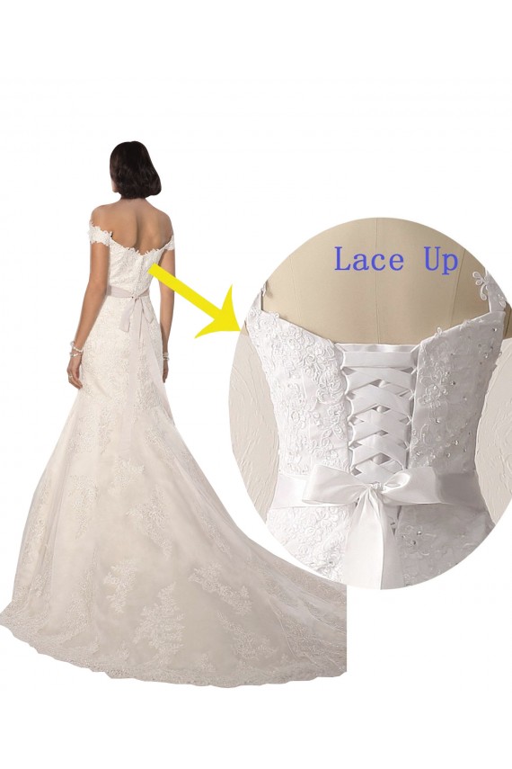Lace Off the Shoulder Sleeveless White Chapel Train Beach Wedding Dress Essex
