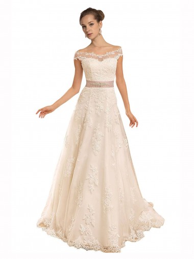 Lace Off the Shoulder Sleeveless Ivory Chapel Train Beach Wedding Dress Essex
