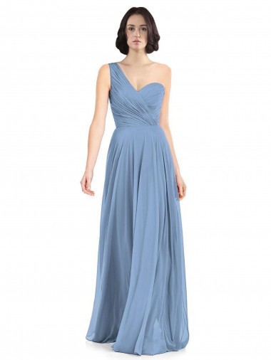 Soft Chiffon One Shoulder Sleeveless Dusty Blue Long Formal Dress / Bridesmaid Dress Essex