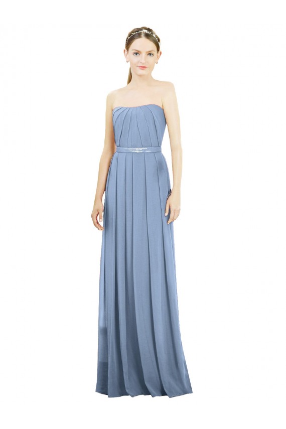 Soft Chiffon Strapless Sleeveless Dusty Blue Long Bridesmaid Dress Essex