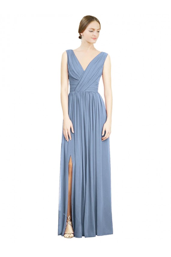 Soft Chiffon V-Neck Sleeveless Dusty Blue Long Semi Formal Evening Dress / Bridesmaid Dress Essex