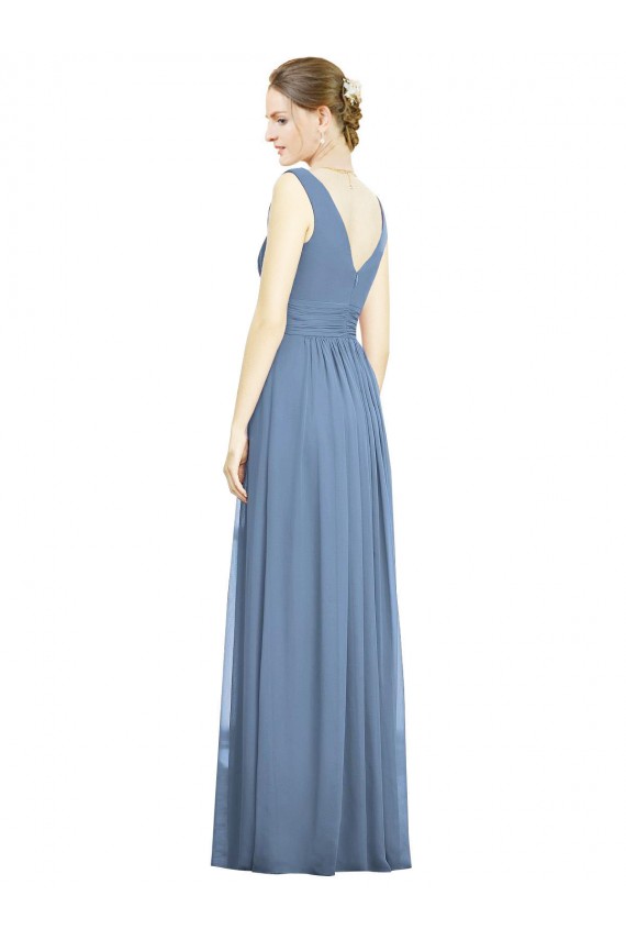 Soft Chiffon V-Neck Sleeveless Dusty Blue Long Semi Formal Evening Dress / Bridesmaid Dress Essex