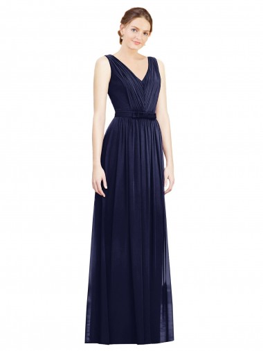 Chiffon V-Neck Sleeveless Dark Navy Long Bridesmaid Gowns Essex