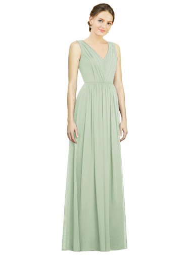 Soft Chiffon V-Neck Sleeveless V-Back Sage Long Bridesmaid Dress Essex