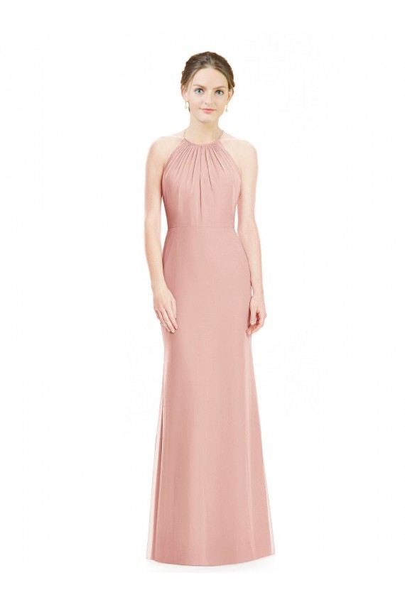 Soft Chiffon Halter Neck Sleeveless Bliss Pink Long Bridesmaid Dress Essex