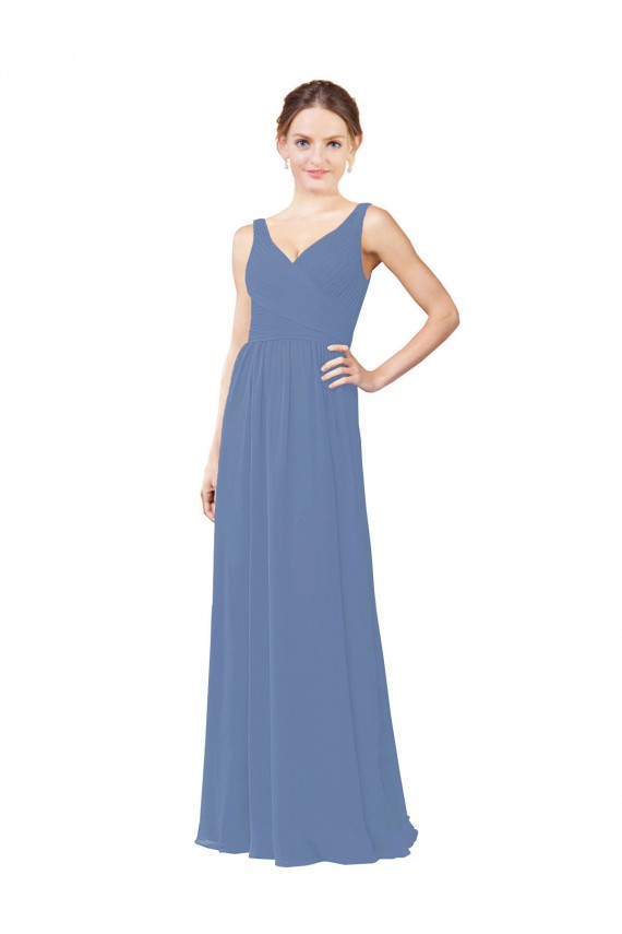 Soft Chiffon V-Neck Sleeveless Windsor Blue Long Bridal Party Dress Essex