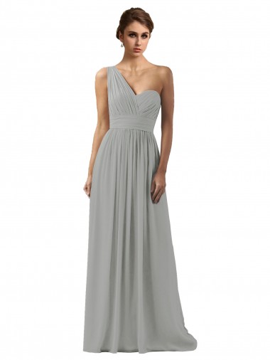 Soft Chiffon One Shoulder Sleeveless Silver Long Bridesmaid Dress Essex