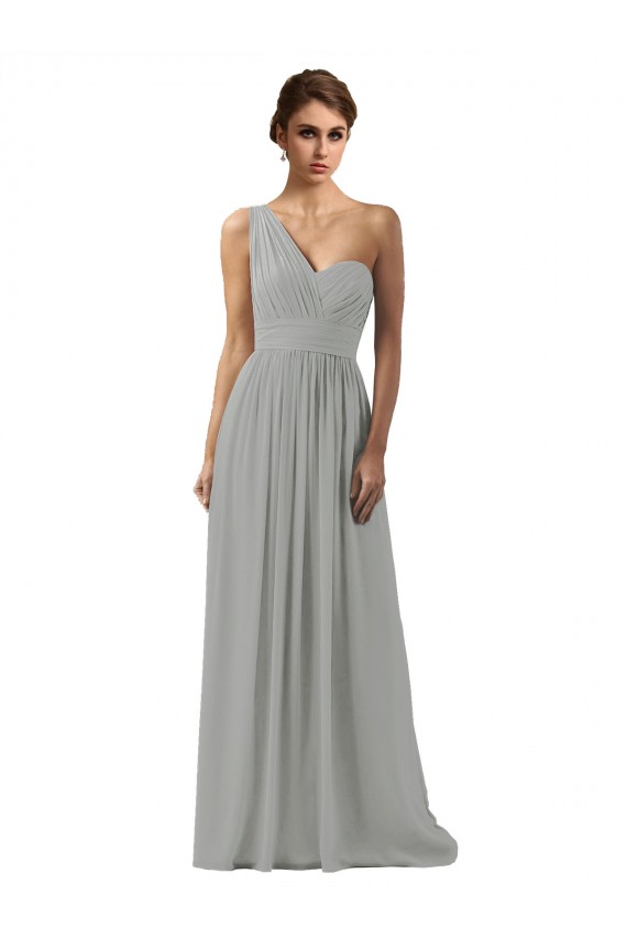 Soft Chiffon One Shoulder Sleeveless Silver Long Bridesmaid Dress Essex