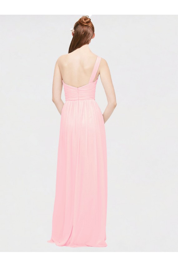 Soft Chiffon One Shoulder Sleeveless Pink Long Bridesmaid Dress Essex