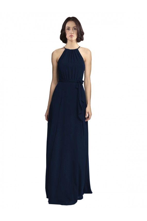 Chiffon Halter Neck Sleeveless Dark Navy Long Evening Gowns / Bridesmaid Dresses Essex