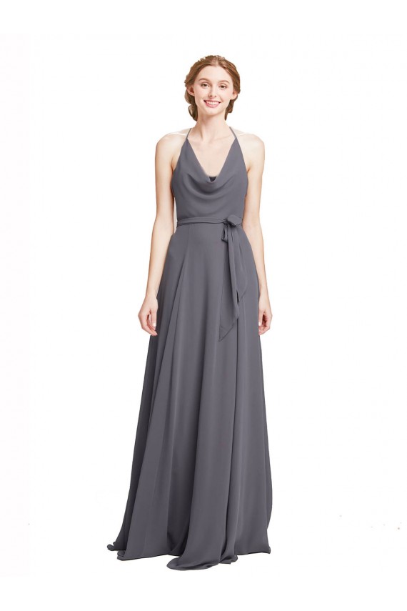 Soft Chiffon Spaghetti Straps Sleeveless Slate Grey Long Bridesmaid Dress Essex