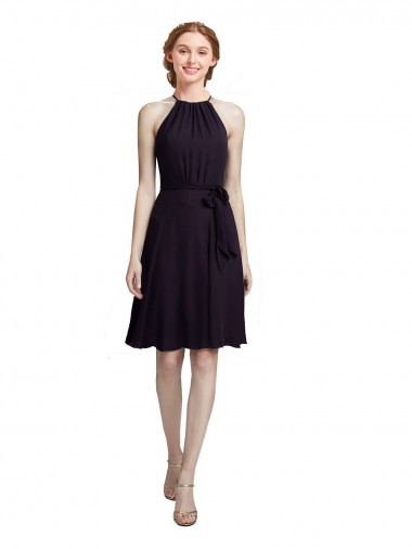 Soft Chiffon Halter Neck Sleeveless Grape Knee Length Bridesmaid Dress Essex