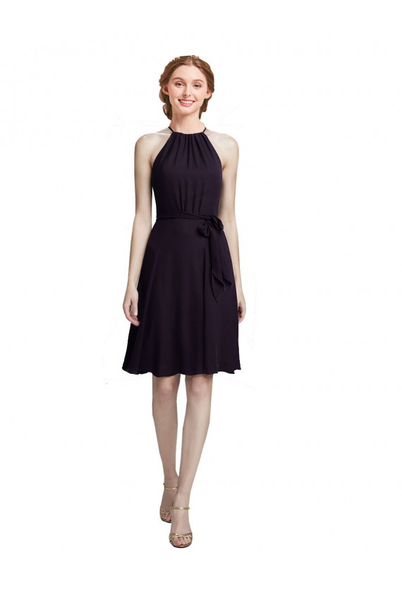 Soft Chiffon Halter Neck Sleeveless Grape Knee Length Bridesmaid Dress Essex