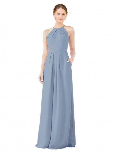 Soft Chiffon Halter Neck Sleeveless Keyhole Back Dusty Blue Long Bridesmaid Dress Essex
