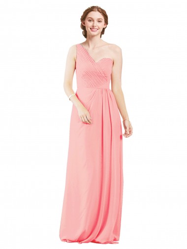 Soft Chiffon One Shoulder Sleeveless Salmon Long Bridal Party Dress Essex