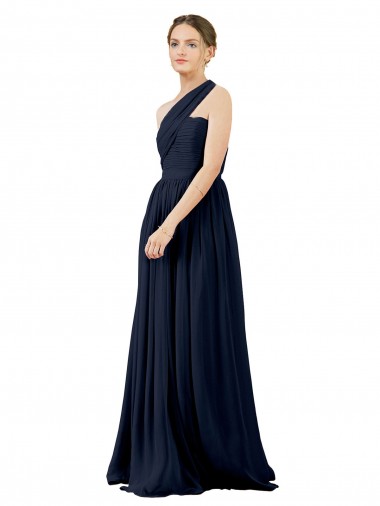 Chiffon One Shoulder Sleeveless Dark Navy Long Bridal Party Dress / Evening Dress Essex
