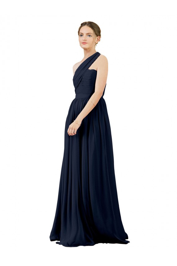 Chiffon One Shoulder Sleeveless Dark Navy Long Bridal Party Dress / Evening Dress Essex