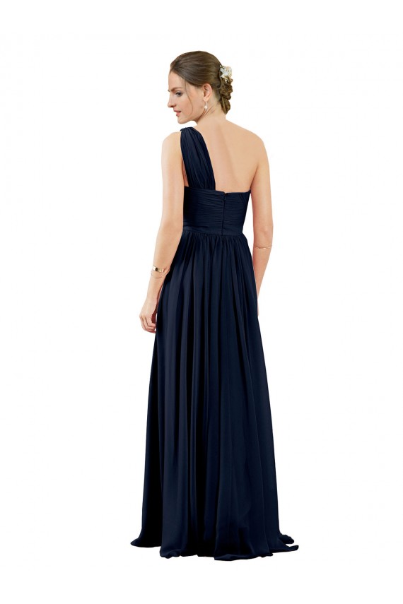 Chiffon One Shoulder Sleeveless Dark Navy Long Bridal Party Dress / Evening Dress Essex