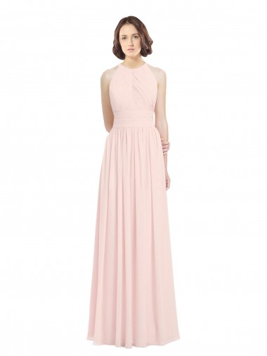 Soft Chiffon Halter Neck Sleeveless Keyhole Back Pink Long Bridesmaid Dress Essex