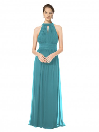 Soft Chiffon Halter Neck Sleeveless Keyhole Back Hunter Long Bridesmaid Dress Essex