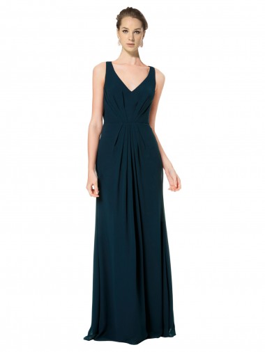 Soft Chiffon V-Neck Sleeveless Midnight Green Long Bridesmaid Dress Essex