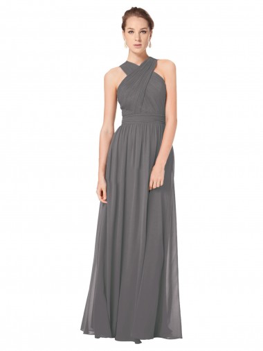 Soft Chiffon Halter Neck Sleeveless Keyhole Back Stormy Silver Long Bridesmaid Dress Essex