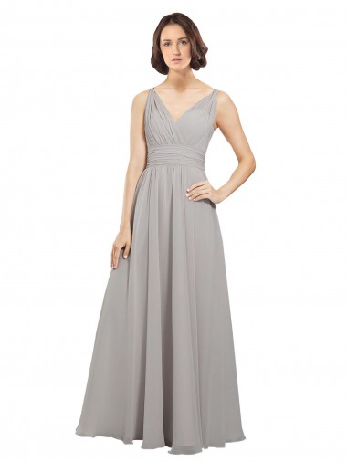 Soft Chiffon V-Neck Sleeveless V-Back Oyster Silver Long Bridesmaid Dress Essex