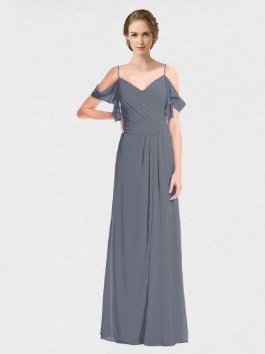 Soft Chiffon Off the Shoulder Flutter Sleeves V-Back Long Bridesmaid Dress Essex