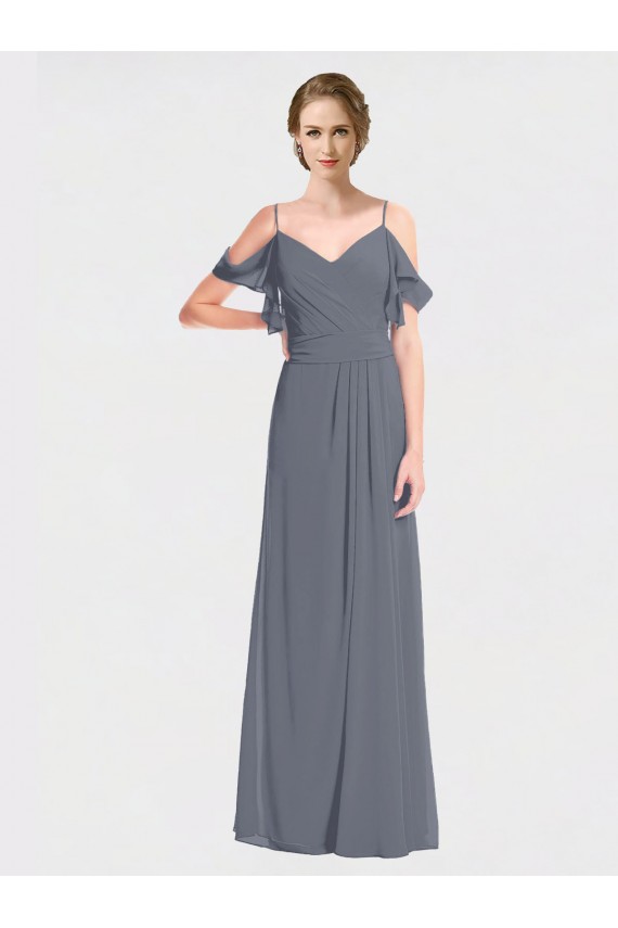Soft Chiffon Off the Shoulder Flutter Sleeves V-Back Long Bridesmaid Dress Essex