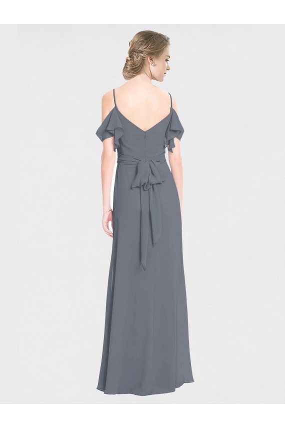 Soft Chiffon Off the Shoulder Flutter Sleeves V-Back Long Bridesmaid Dress Essex