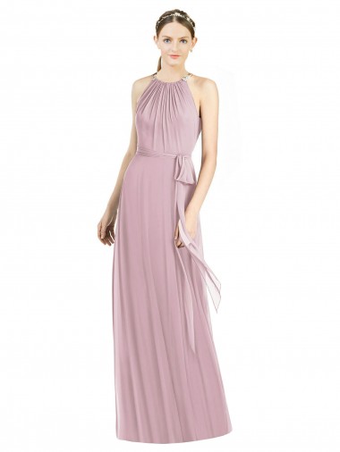 Soft Chiffon Halter Neck Sleeveless Primrose Long Bridesmaid Dress Essex