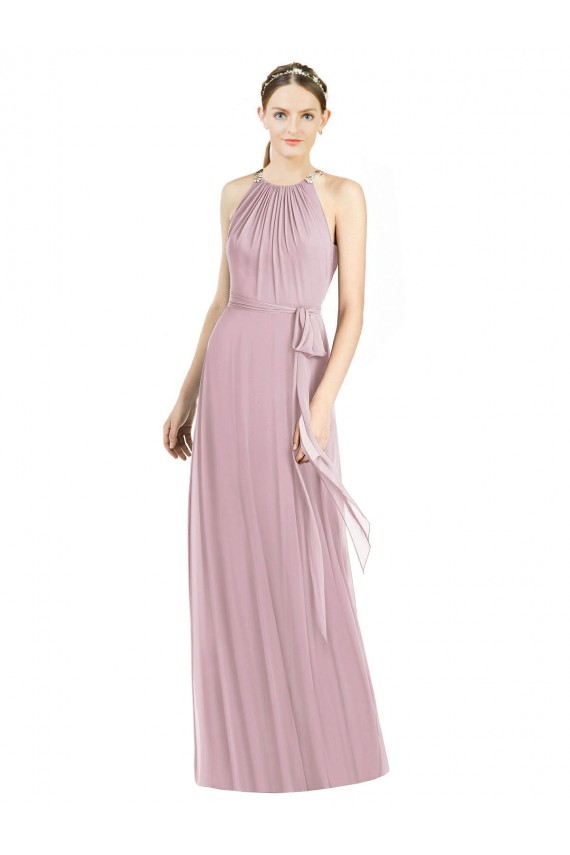 Soft Chiffon Halter Neck Sleeveless Primrose Long Bridesmaid Dress Essex