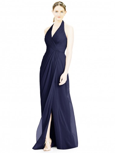Soft Chiffon Halter Neck Sleeveless Open Back Dark Navy Long Formal Dress / Bridesmaid Dress Essex