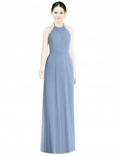Chiffon Halter Neck Sleeveless Low Back Dusty Blue Long Floor Length Bridesmaid Dress Essex