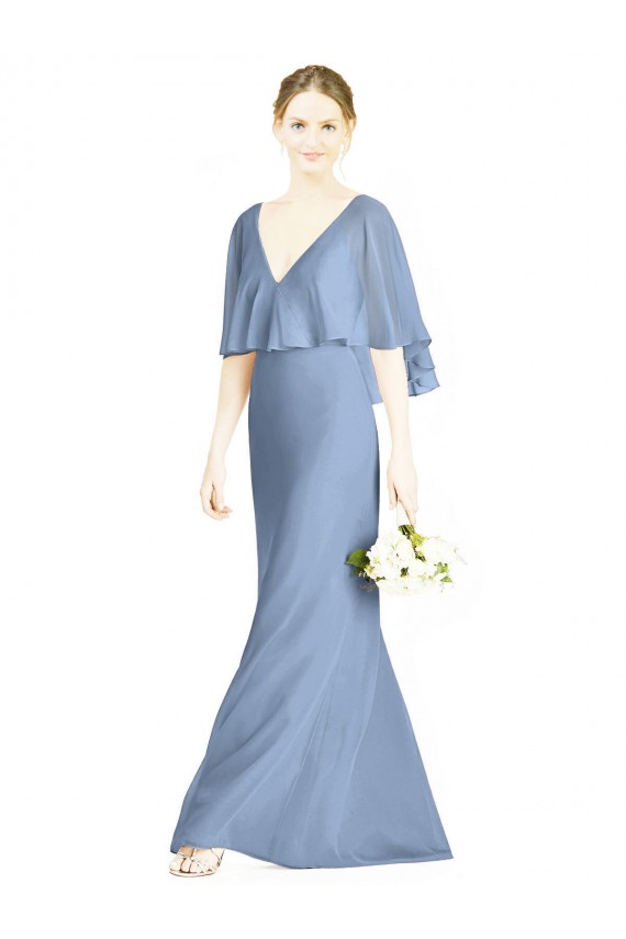Soft Chiffon V-Neck Sleeveless Dusty Blue Long Bridesmaid Dress Essex