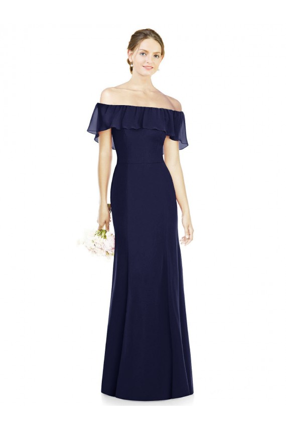 Soft Chiffon Off the Shoulder Sleeveless Dark Navy Long Bridesmaid Dress Essex