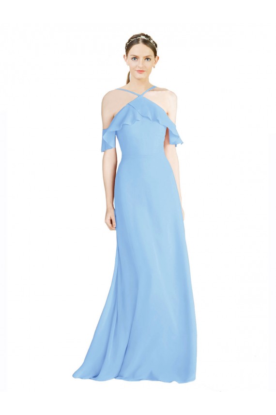 Soft Chiffon Halter Neck Cold Shoulder Low Back Long Formal Dress / Bridesmaid Dress Essex