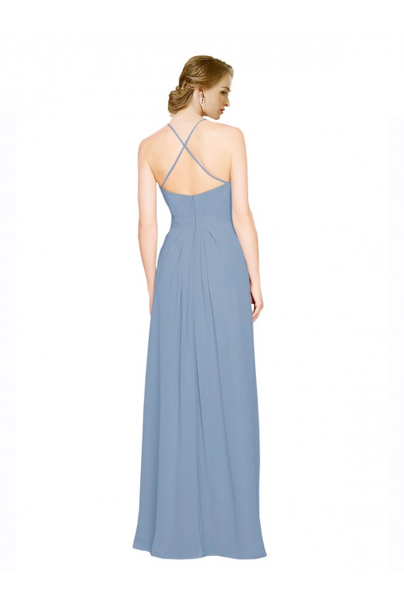 Chiffon Halter Neck Sleeveless Open Back Dusty Blue Long Bridesmaid Dress / Evening Dress Essex